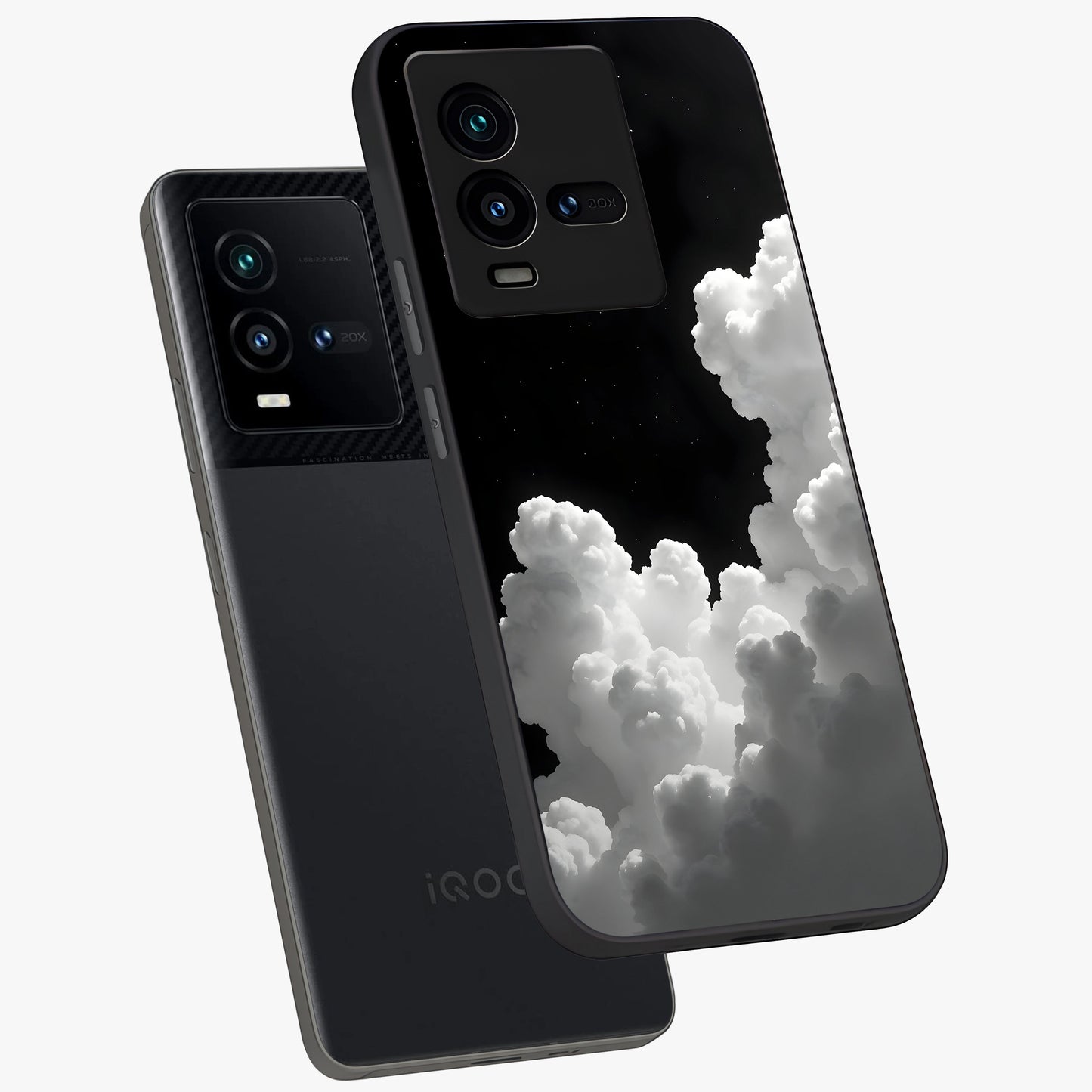 Black Background With White Cloud Glass Case displayed in angled mockup highlighting soft white cloud illustration and minimal design.