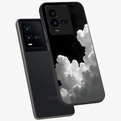 Black Background With White Cloud Glass Case displayed in angled mockup highlighting soft white cloud illustration and minimal design.