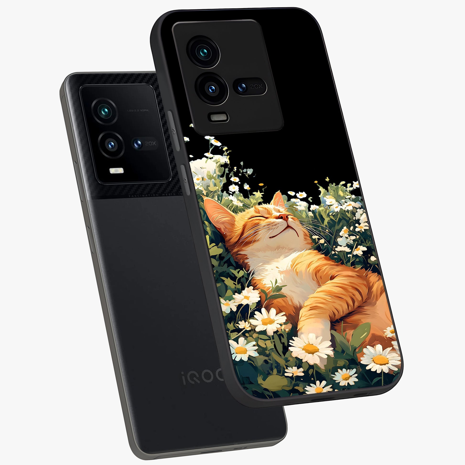 Blissful Bloom Cat Glass Case displayed in angled mockup highlighting playful feline illustration with soft floral aesthetic.