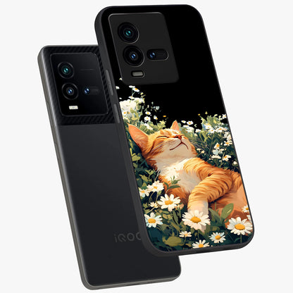 Blissful Bloom Cat Glass Case displayed in angled mockup highlighting playful feline illustration with soft floral aesthetic.