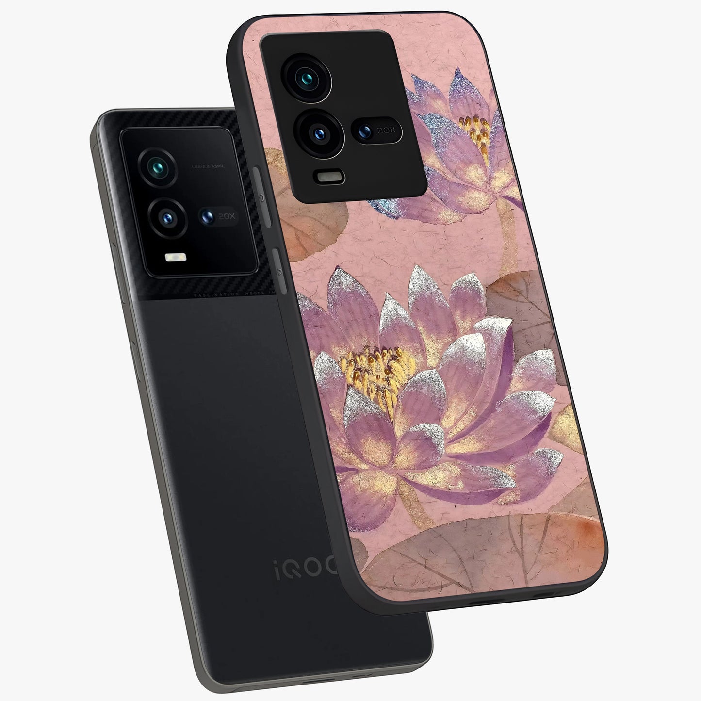 Blossom Mist Lotus Glass Case displayed in angled mockup highlighting delicate lotus illustration with calm aesthetic theme.