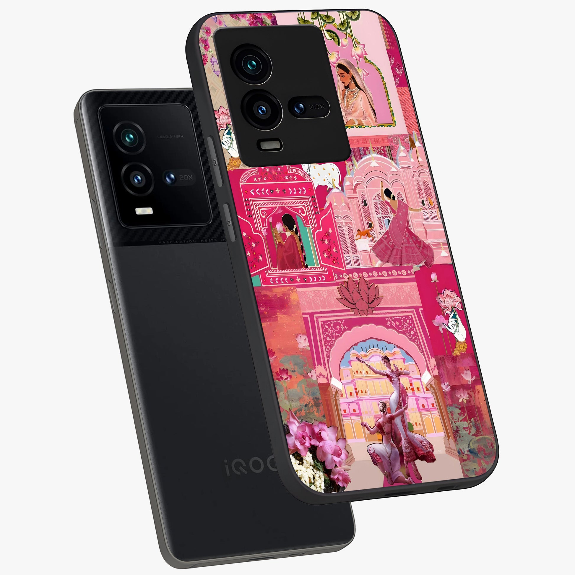 Blossoms of Rajasthan Glass Case displayed in angled mockup highlighting vibrant floral pattern with cultural aesthetic style.