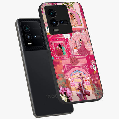 Blossoms of Rajasthan Glass Case displayed in angled mockup highlighting vibrant floral pattern with cultural aesthetic style.