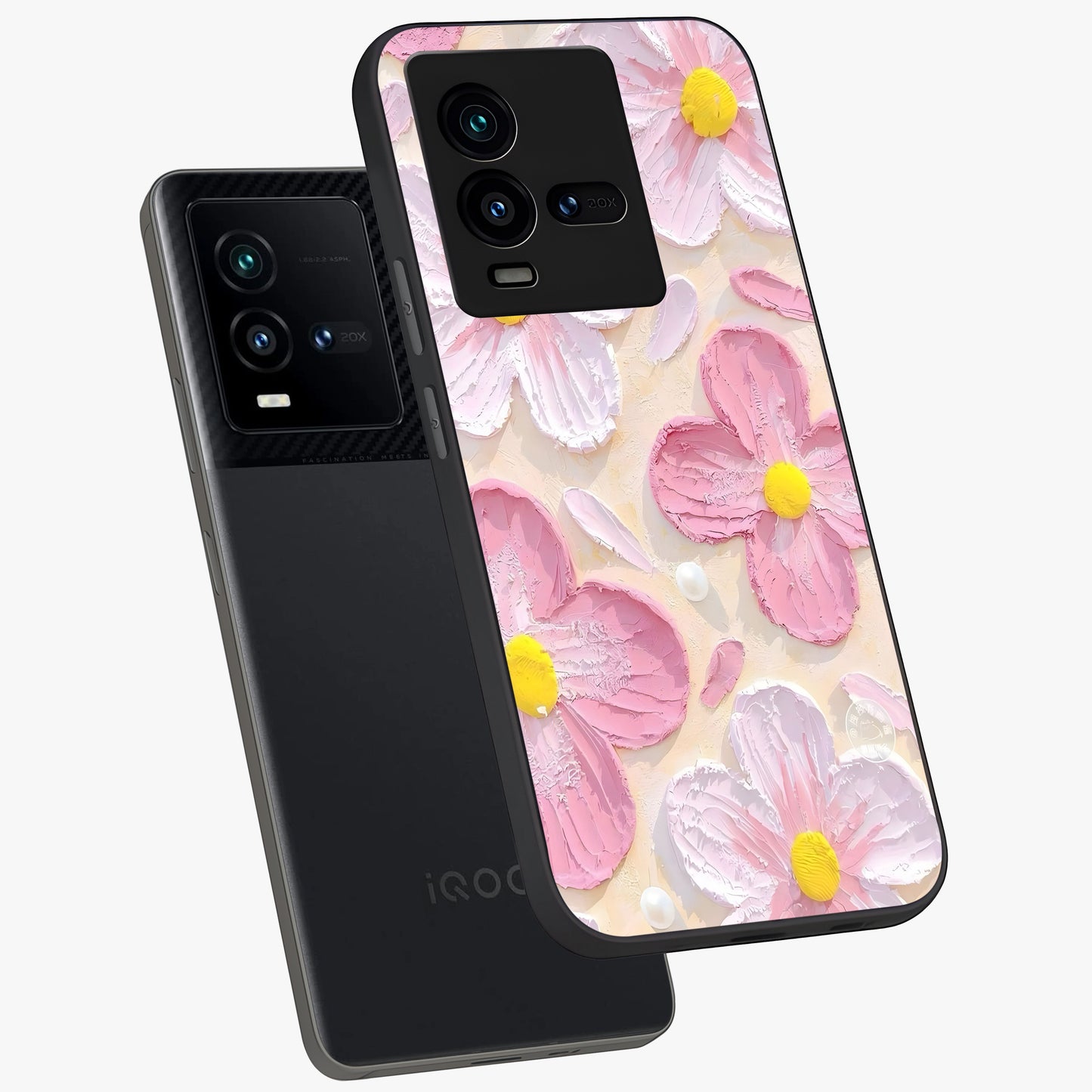 Blush Bloom Texture Glass Case displayed in angled mockup highlighting subtle bloom pattern with aesthetic pastel design.