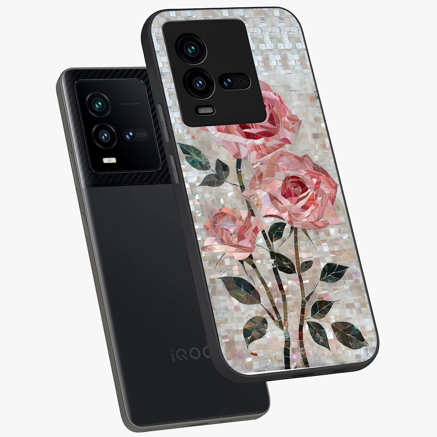 Blush Mosaic Bloom Glass Case displayed in angled mockup highlighting artistic mosaic flower pattern with aesthetic design.