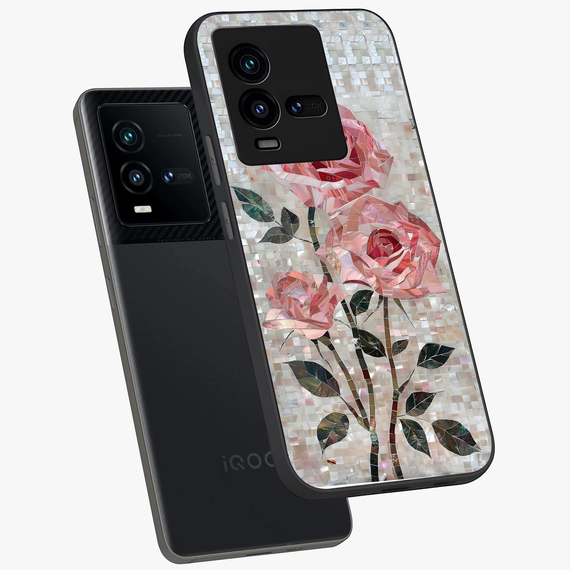 Blush Mosaic Bloom Glass Case displayed in angled mockup highlighting artistic mosaic flower pattern with aesthetic design.