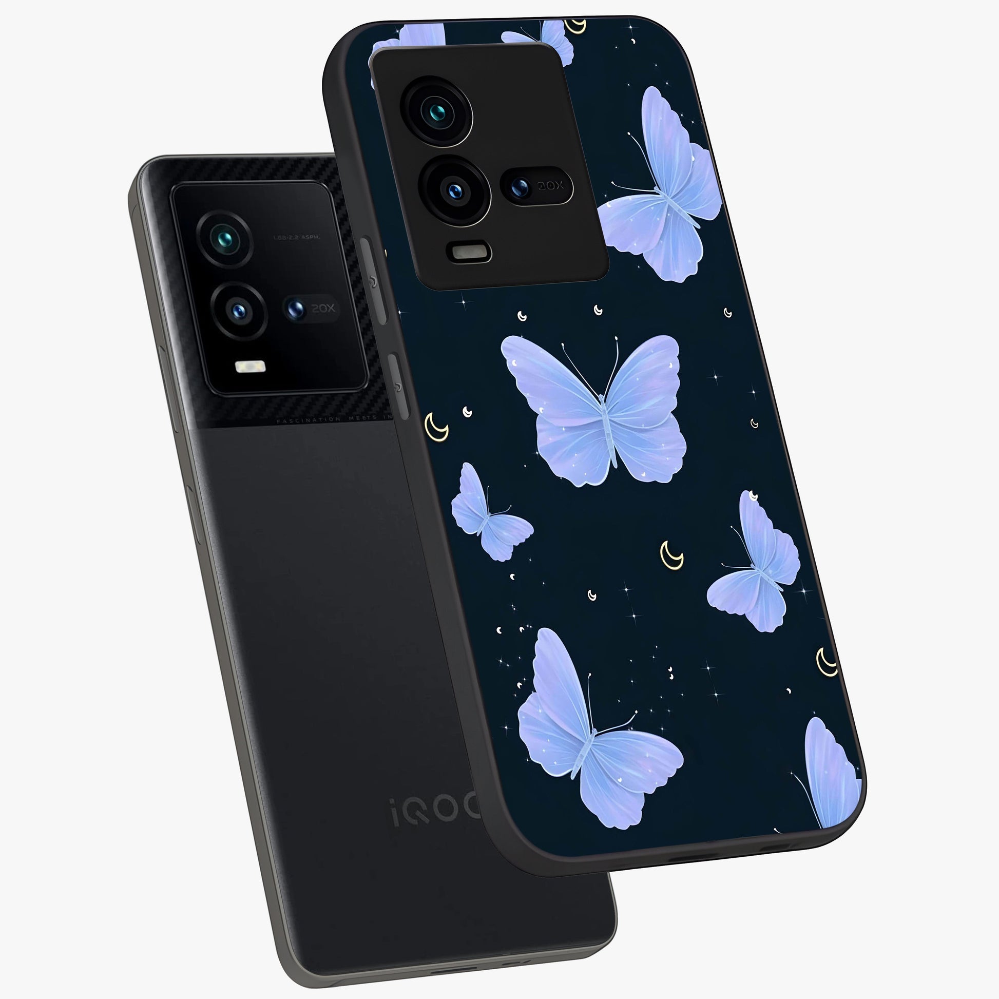 Butterfly With Stars Pattern Glass Case displayed in angled mockup highlighting dreamy butterfly and star design with aesthetic theme.