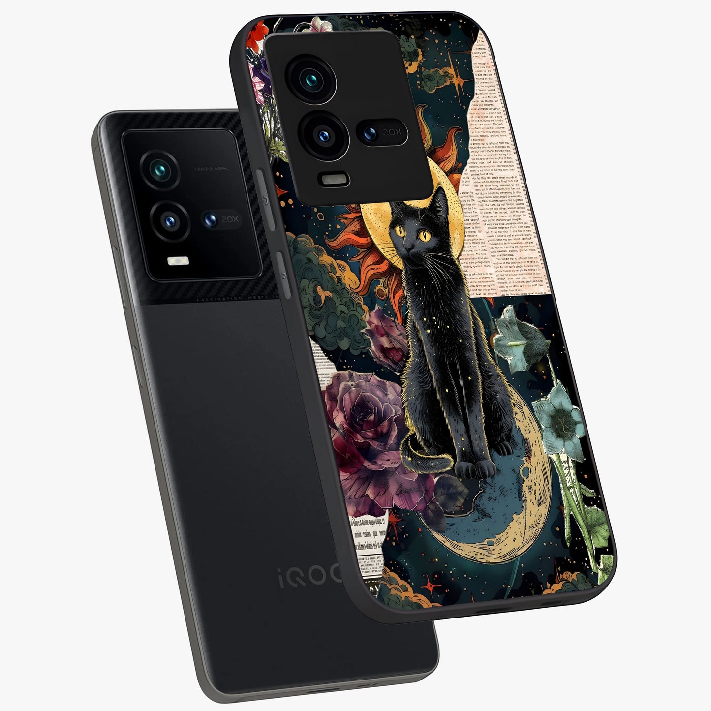 Celestial Black Cat Glass Case displayed in angled mockup highlighting cosmic black cat design with celestial aesthetic.