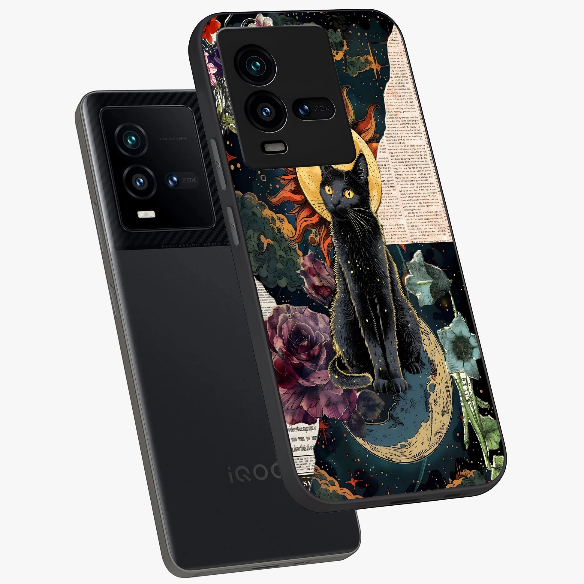 Celestial Black Cat Glass Case displayed in angled mockup highlighting cosmic black cat design with celestial aesthetic.