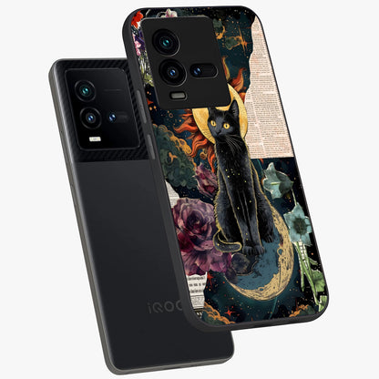 Celestial Black Cat Glass Case displayed in angled mockup highlighting cosmic black cat design with celestial aesthetic.