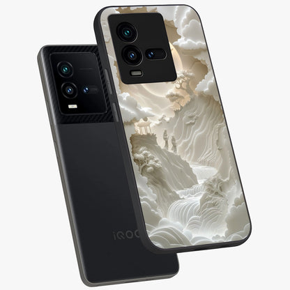 Celestial Origami Glass Case displayed in angled mockup highlighting geometric origami design with cosmic aesthetic theme.