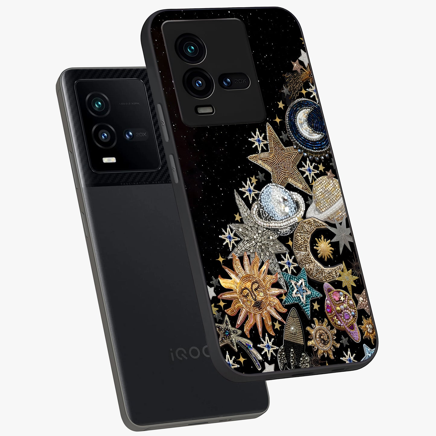Cosmic Sparkle Dreams Glass Case displayed in angled mockup highlighting dreamy star sparkle design with celestial aesthetic.
