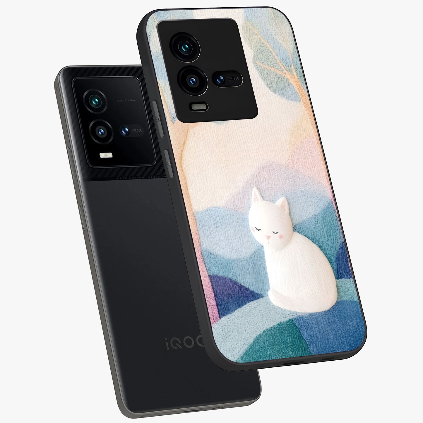 Cotton Dream Cat Glass Case displayed in angled mockup highlighting cute feline illustration with pastel aesthetic style.