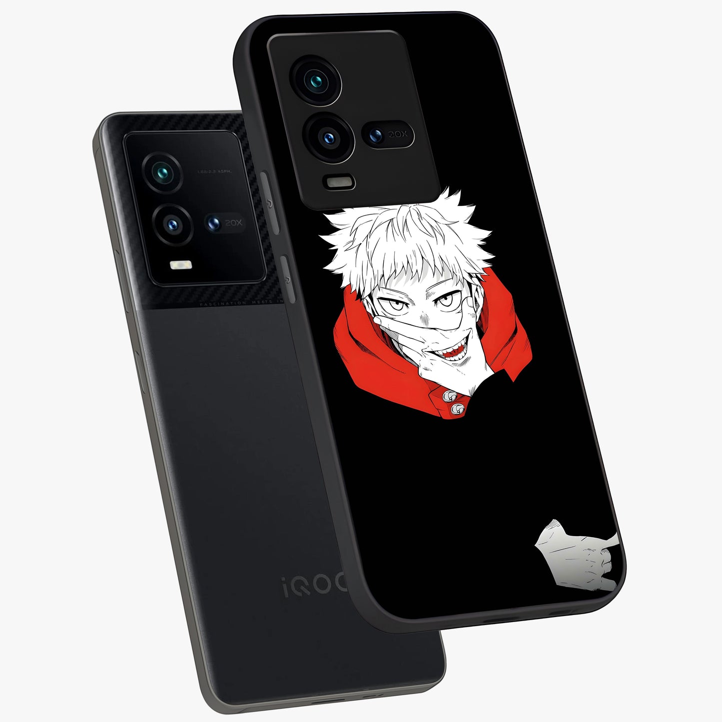 Crimson Chaos Smile Glass Case displayed in angled mockup highlighting edgy crimson smile design with graphic aesthetic.