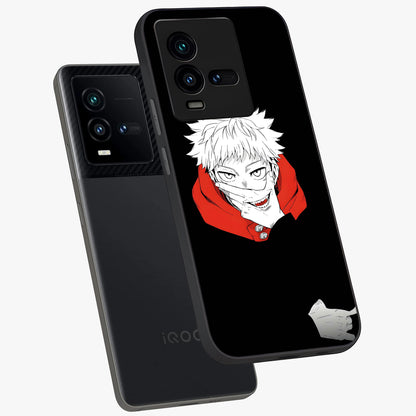 Crimson Chaos Smile Glass Case displayed in angled mockup highlighting edgy crimson smile design with graphic aesthetic.