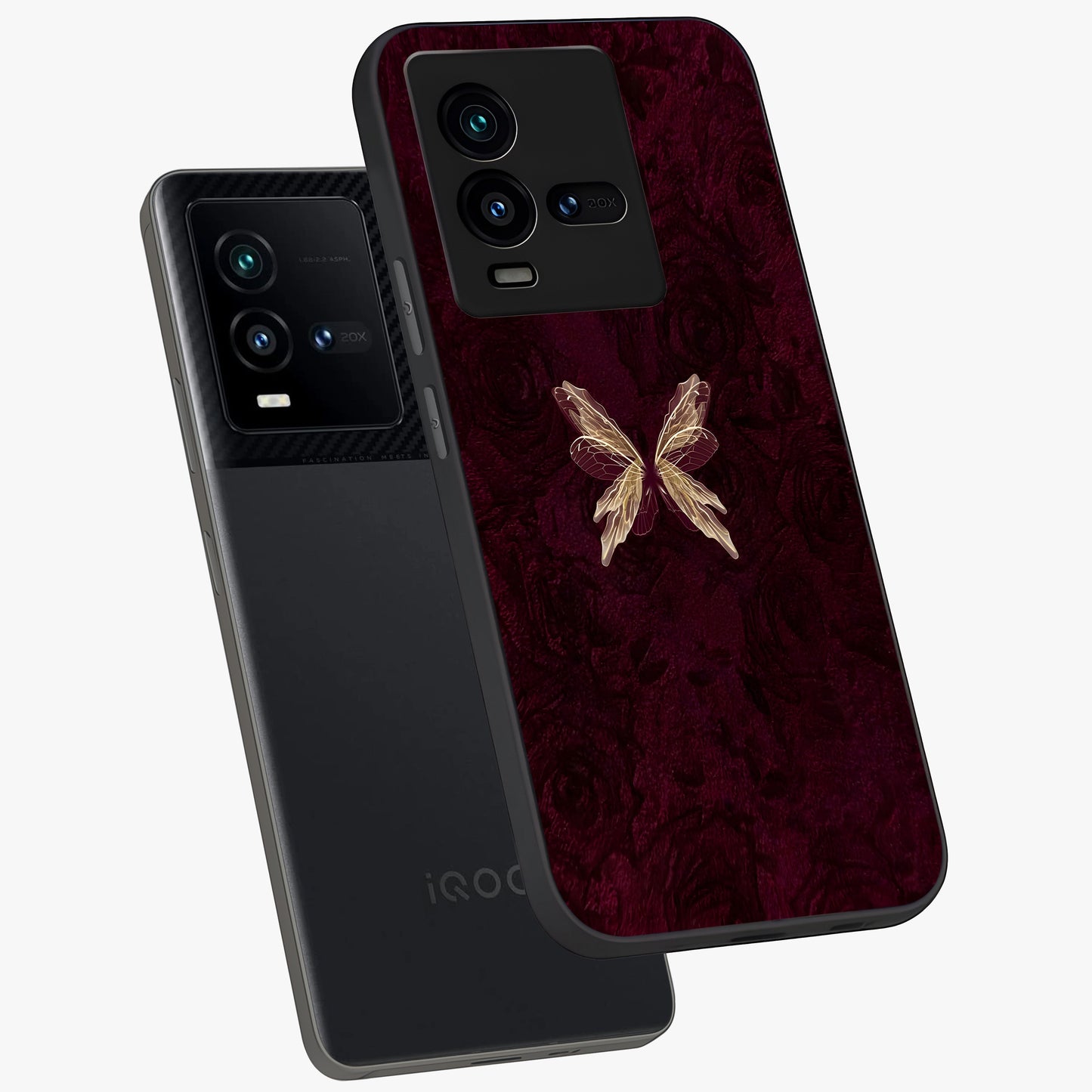 Crimson Fade Butterfly Glass Case displayed in angled mockup highlighting elegant butterfly design with crimson gradient aesthetic.