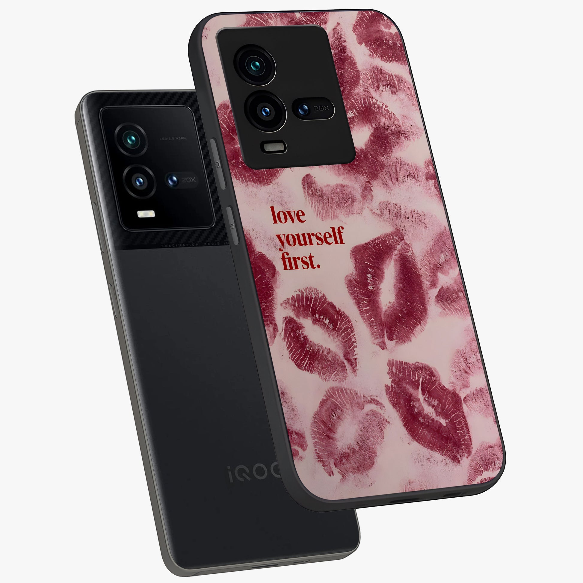 Crimson Kiss Love Glass Case displayed in angled mockup highlighting bold love inspired design with modern aesthetic style.