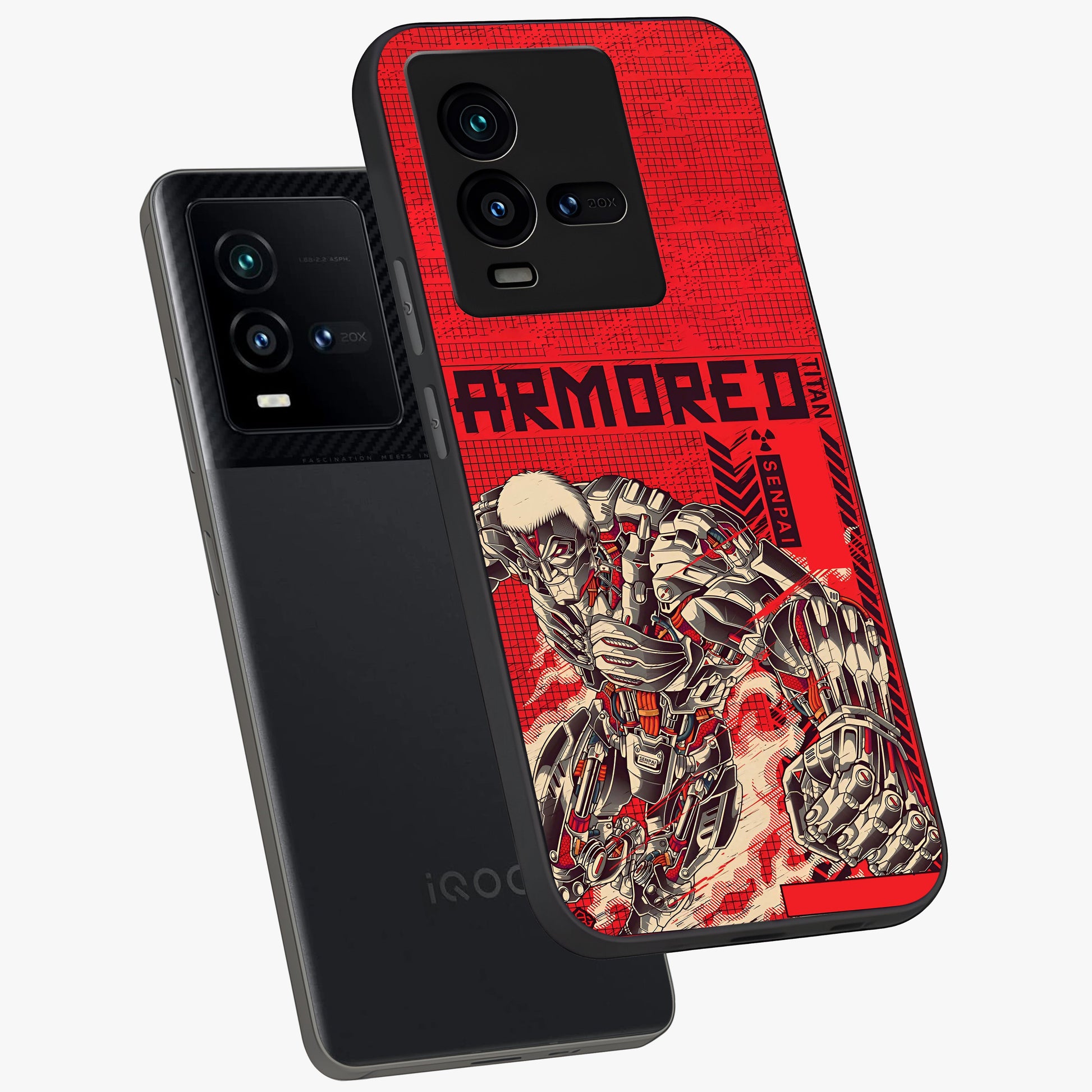 Crimson Mecha Titan Glass Case displayed in angled mockup highlighting futuristic mech illustration with bold crimson aesthetic.