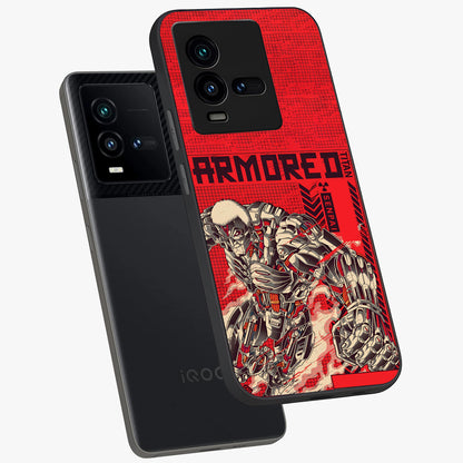 Crimson Mecha Titan Glass Case displayed in angled mockup highlighting futuristic mech illustration with bold crimson aesthetic.