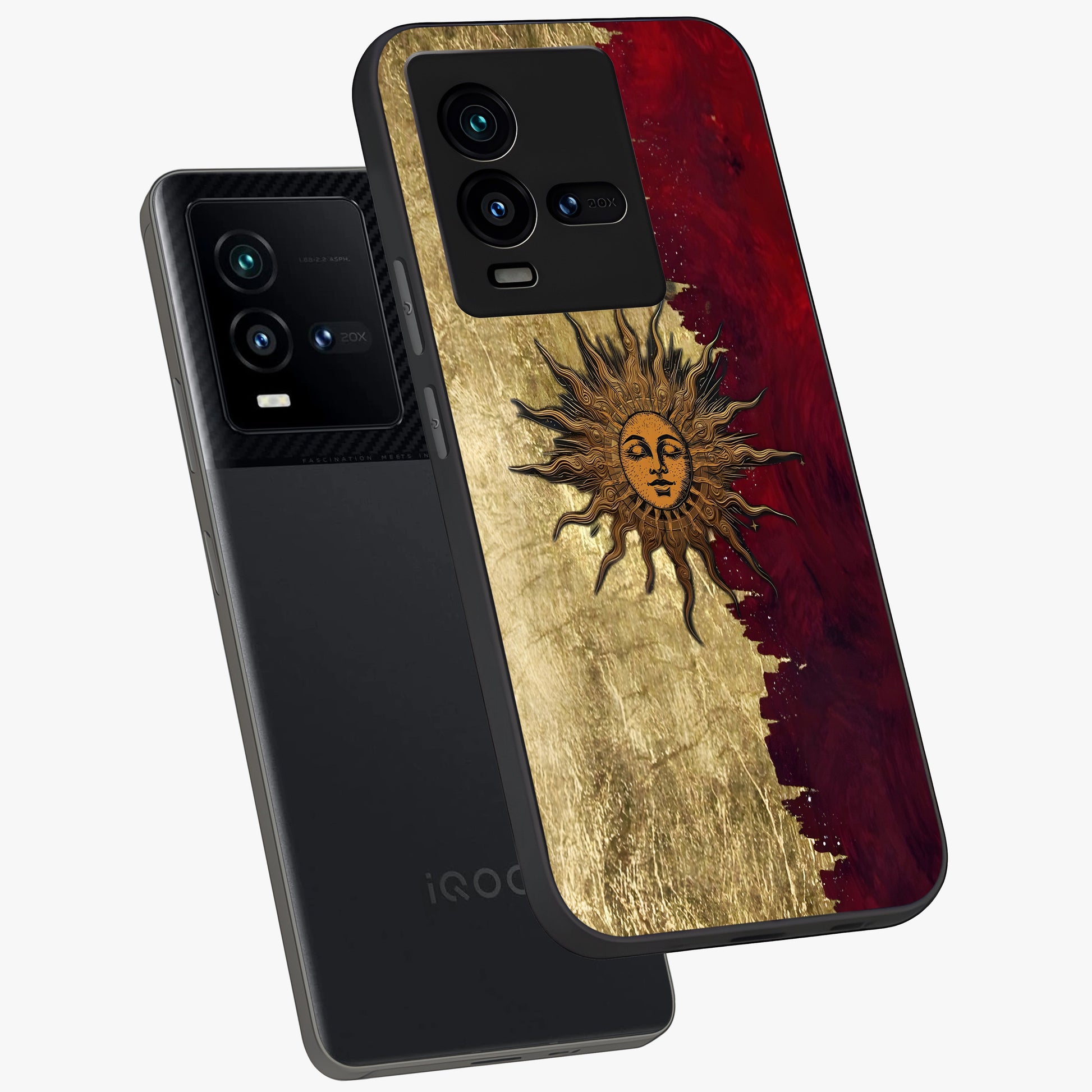 Crimson Sun Majesty Glass Case displayed in angled mockup highlighting majestic crimson sun design with bold aesthetic style.