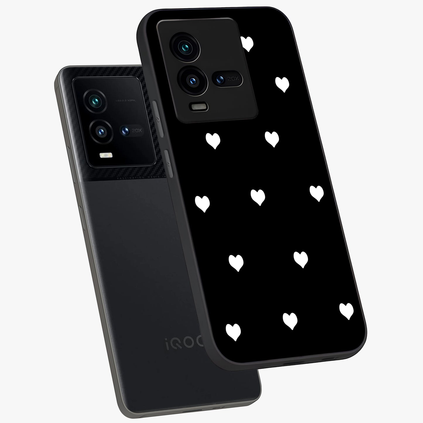 Cute And Simple White Hearts Glass Case displayed in angled mockup highlighting cute heart design with clean aesthetic style.