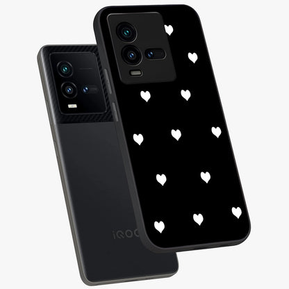 Cute And Simple White Hearts Glass Case displayed in angled mockup highlighting cute heart design with clean aesthetic style.