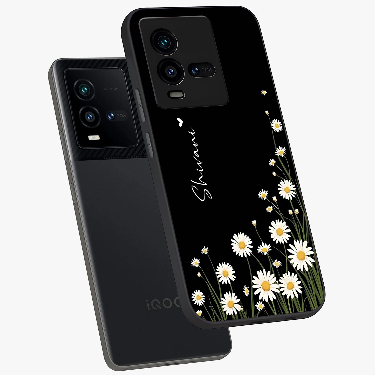 Daisy Cascade Custom Name Glass Case displayed in angled mockup highlighting delicate daisy artwork with custom name feature.