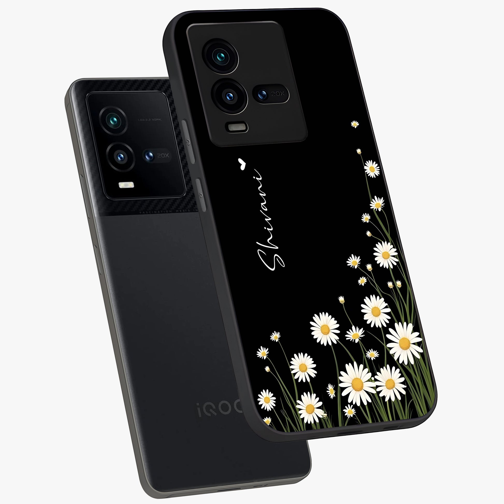 Daisy Cascade Custom Name Glass Case displayed in angled mockup highlighting delicate daisy artwork with custom name feature.