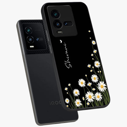 Daisy Cascade Custom Name Glass Case displayed in angled mockup highlighting delicate daisy artwork with custom name feature.
