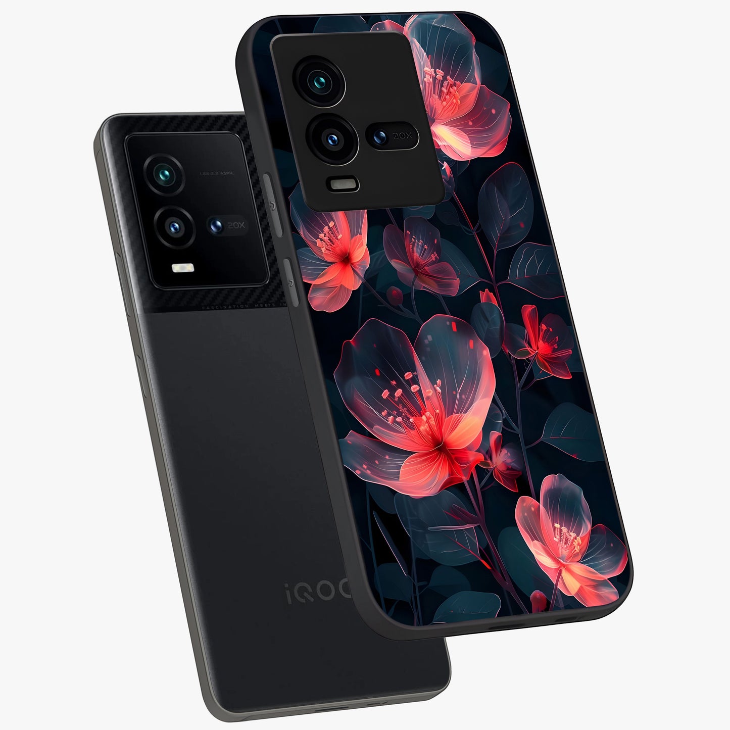 Dark Shade of Flower Glass Case displayed in angled mockup highlighting moody floral illustration with aesthetic dark tones.