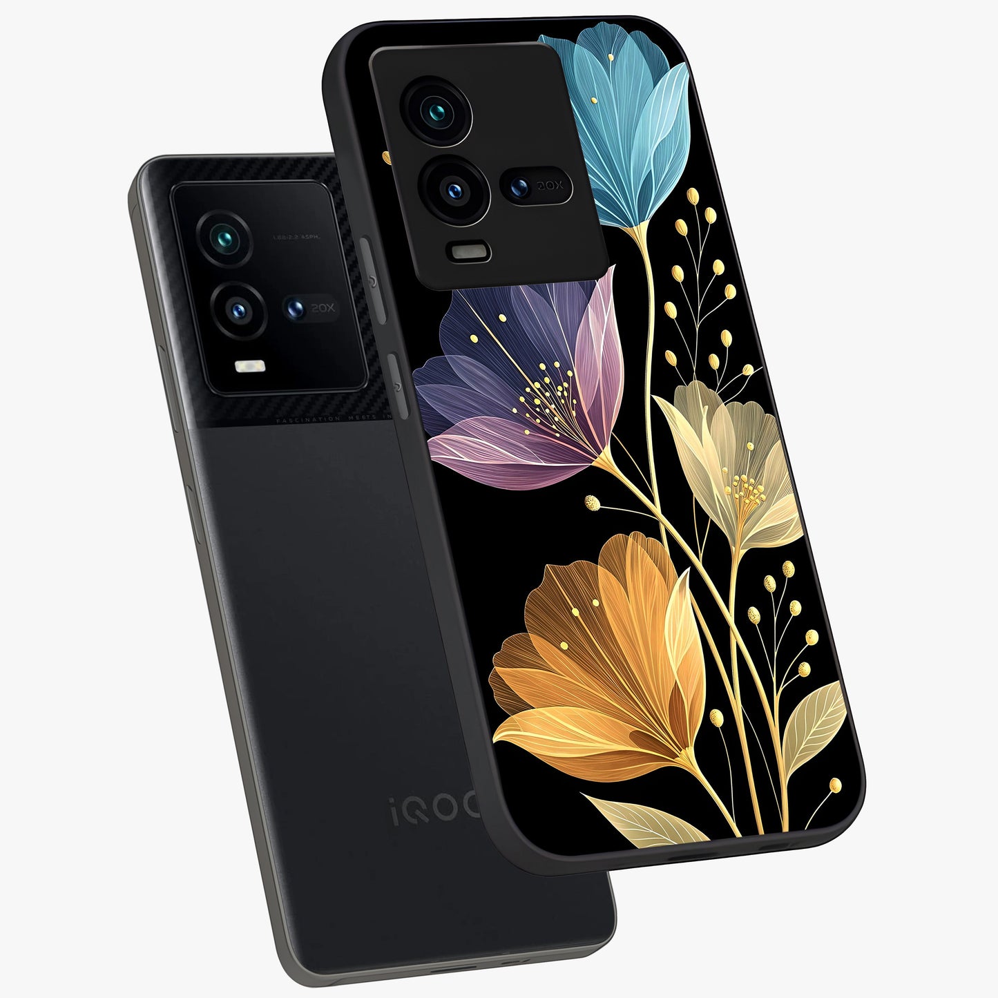 Delicate Multicolor Flowers Glass Case displayed in angled mockup highlighting colorful flower pattern with soft aesthetic style.