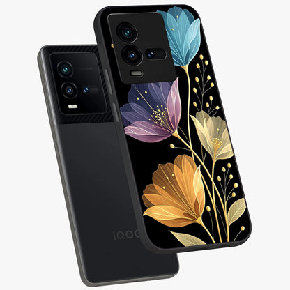 Delicate Multicolor Flowers Glass Case displayed in angled mockup highlighting colorful flower pattern with soft aesthetic style.