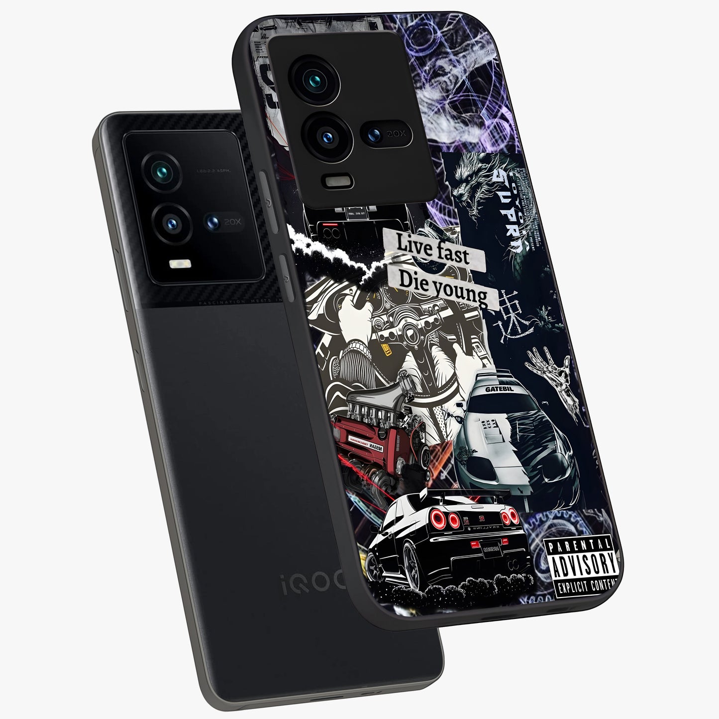 Die Young Glass Case displayed in angled mockup highlighting expressive graphic artwork with edgy aesthetic style.