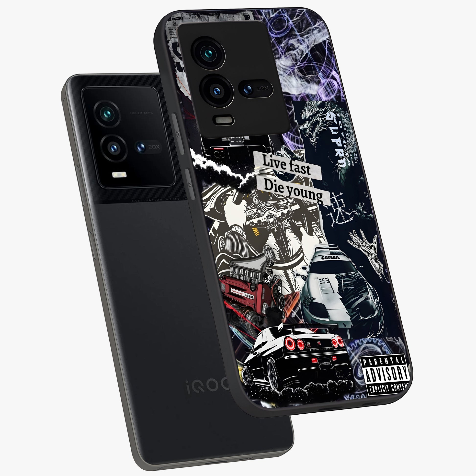 Die Young Glass Case displayed in angled mockup highlighting expressive graphic artwork with edgy aesthetic style.