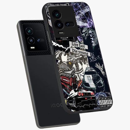 Die Young Glass Case displayed in angled mockup highlighting expressive graphic artwork with edgy aesthetic style.