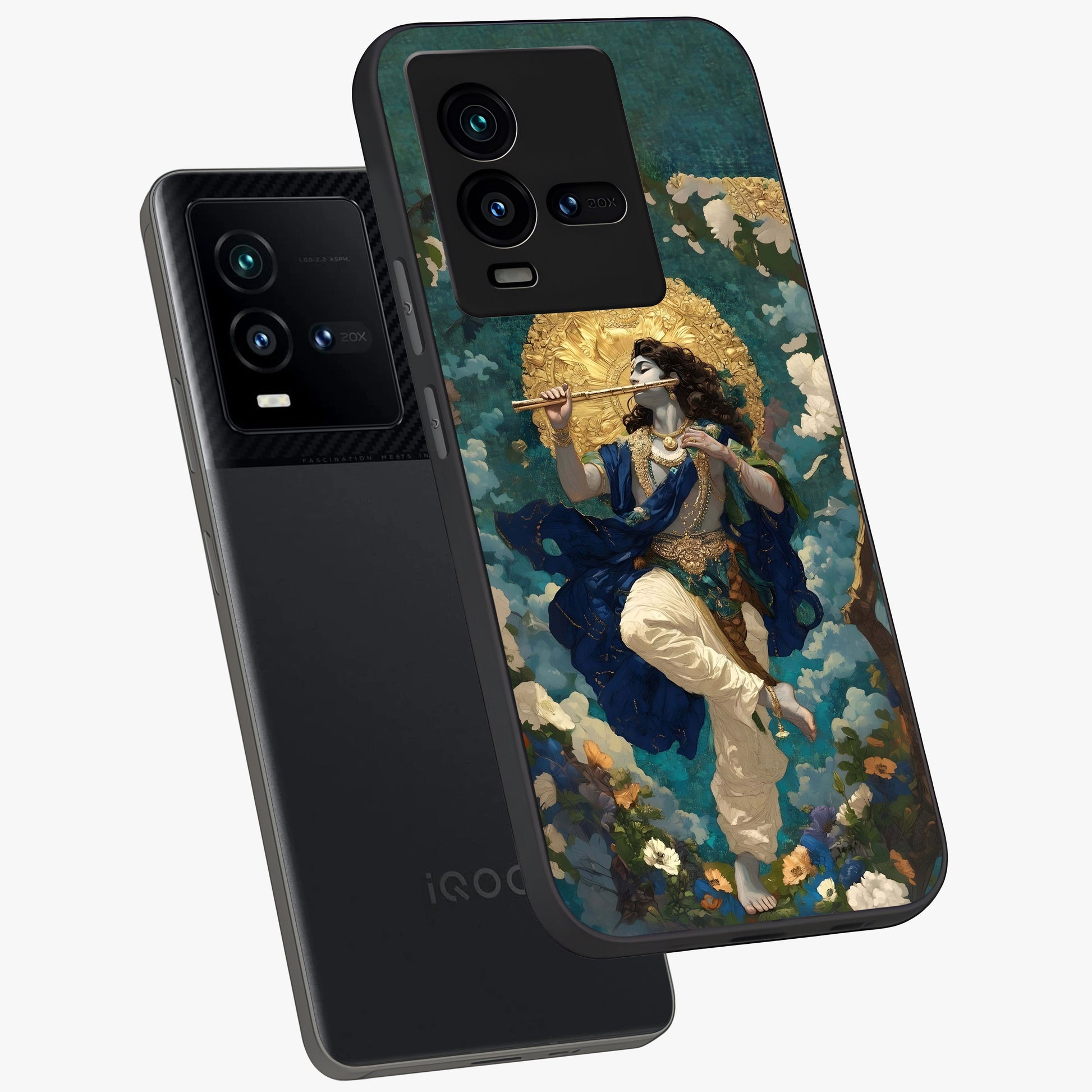 Divine Krishna Art Glass Case displayed in angled mockup highlighting spiritual Krishna illustration with devotional aesthetic.