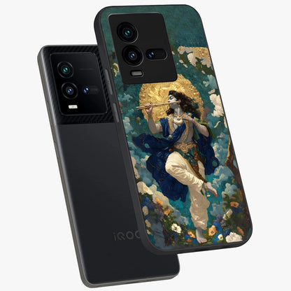 Divine Krishna Art Glass Case displayed in angled mockup highlighting spiritual Krishna illustration with devotional aesthetic.