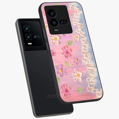 Dreamy Painted Garden Glass Case displayed in angled mockup highlighting colorful garden illustration with dreamy aesthetic style.