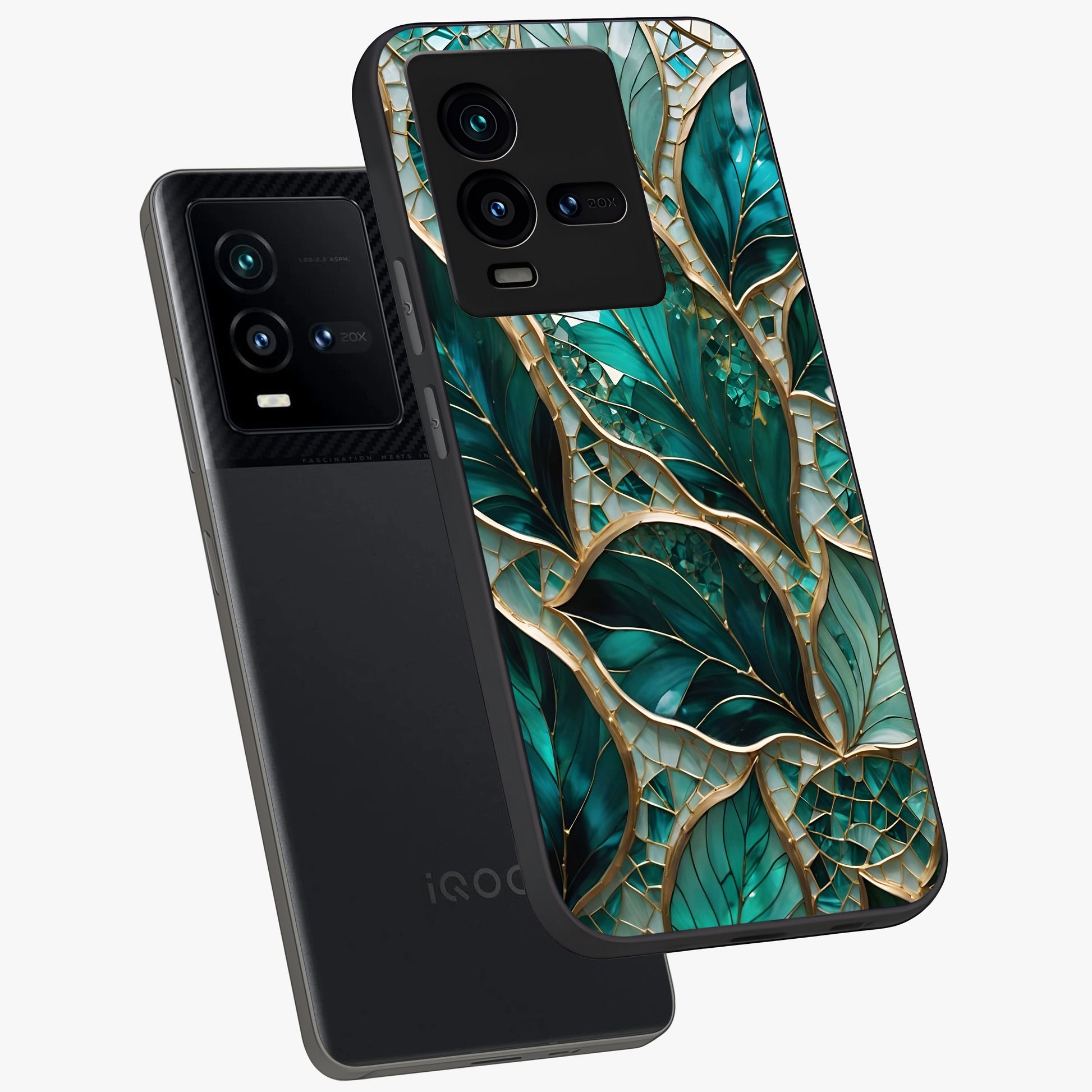 Emerald Leaf Glass Glass Case displayed in angled mockup highlighting botanical leaf illustration with elegant natural aesthetic.