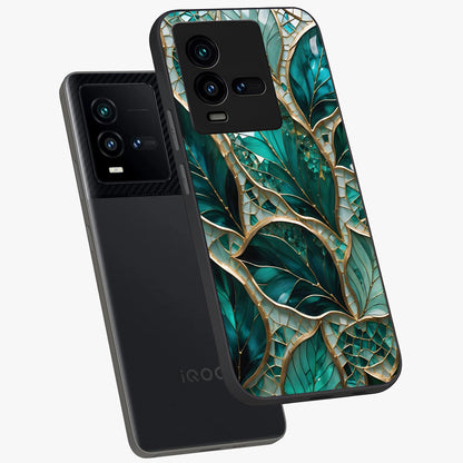 Emerald Leaf Glass Glass Case displayed in angled mockup highlighting botanical leaf illustration with elegant natural aesthetic.