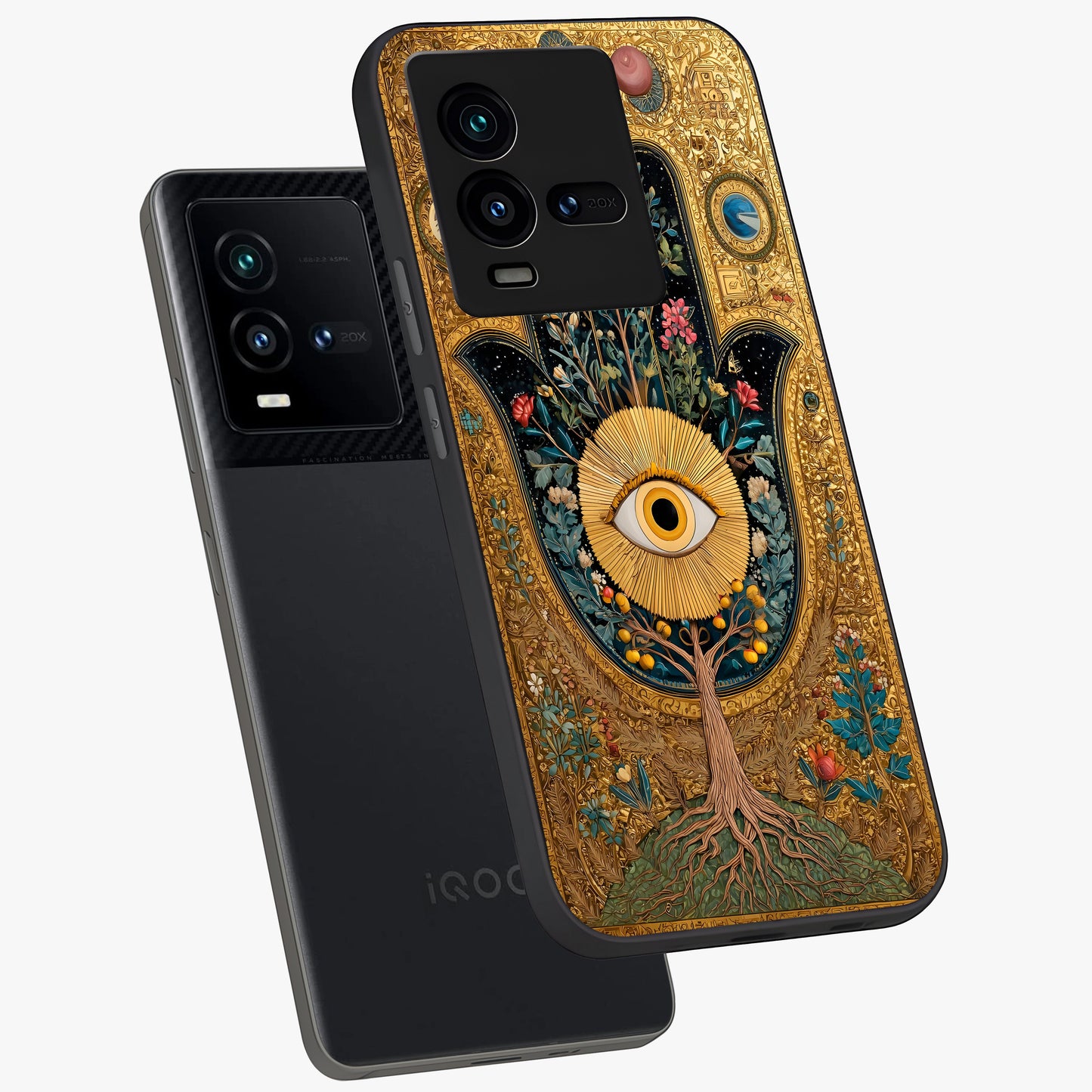 Ethereal Evil Eye Glass Case displayed in angled mockup highlighting protective evil eye symbol with spiritual aesthetic design.