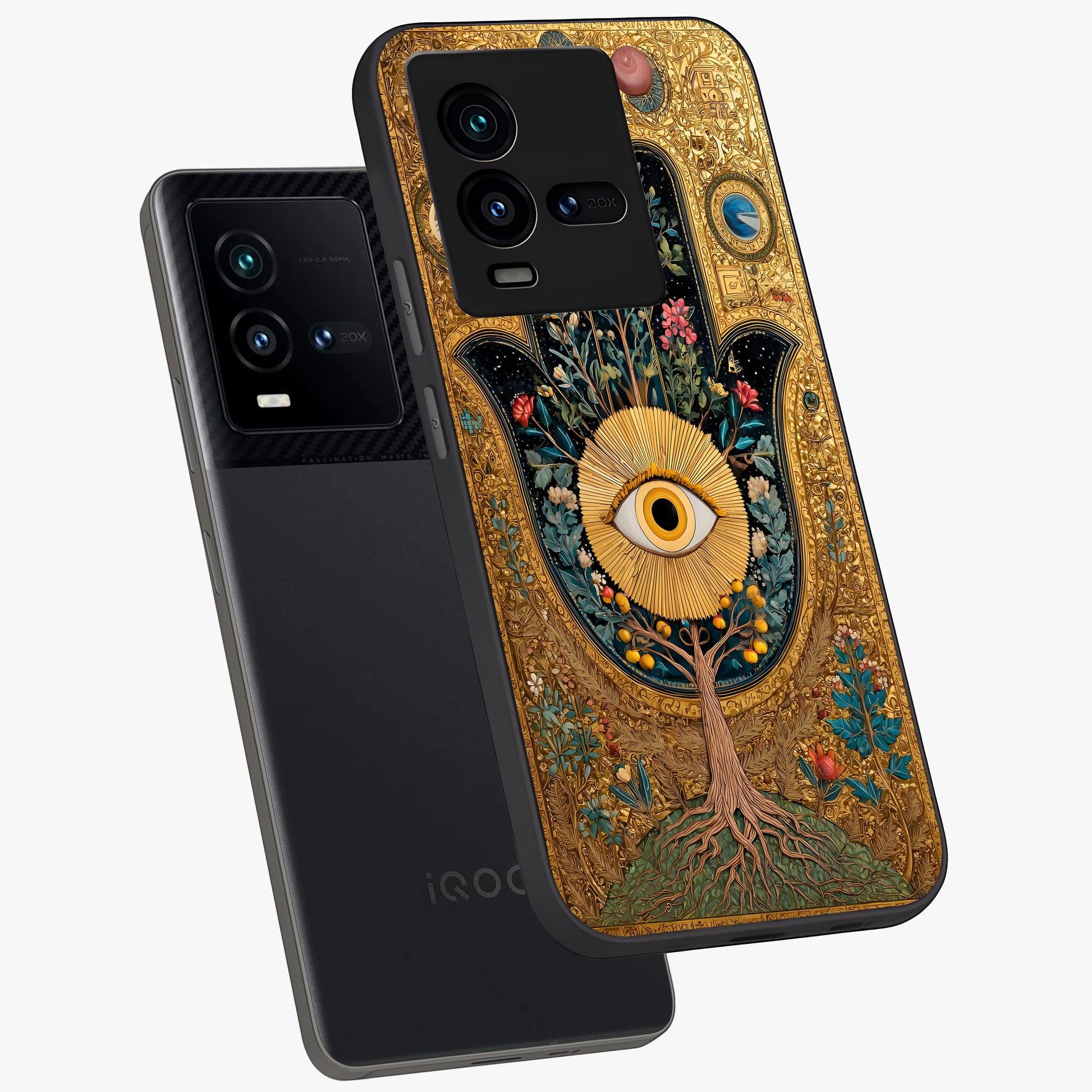 Ethereal Evil Eye Glass Case displayed in angled mockup highlighting protective evil eye symbol with spiritual aesthetic design.