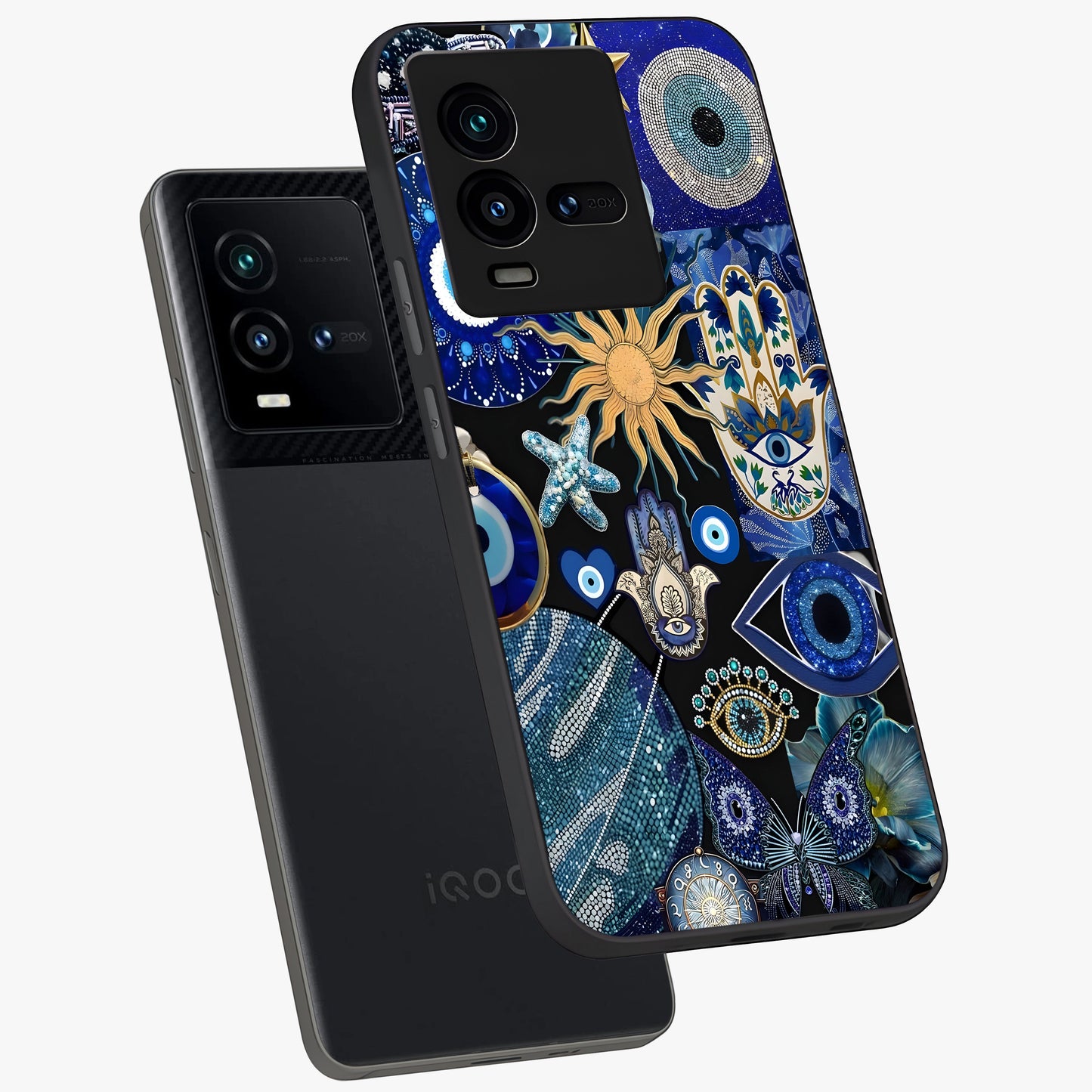 Evil Eye Charm Mix Glass Case displayed in angled mockup highlighting protective evil eye symbols with spiritual aesthetic design.