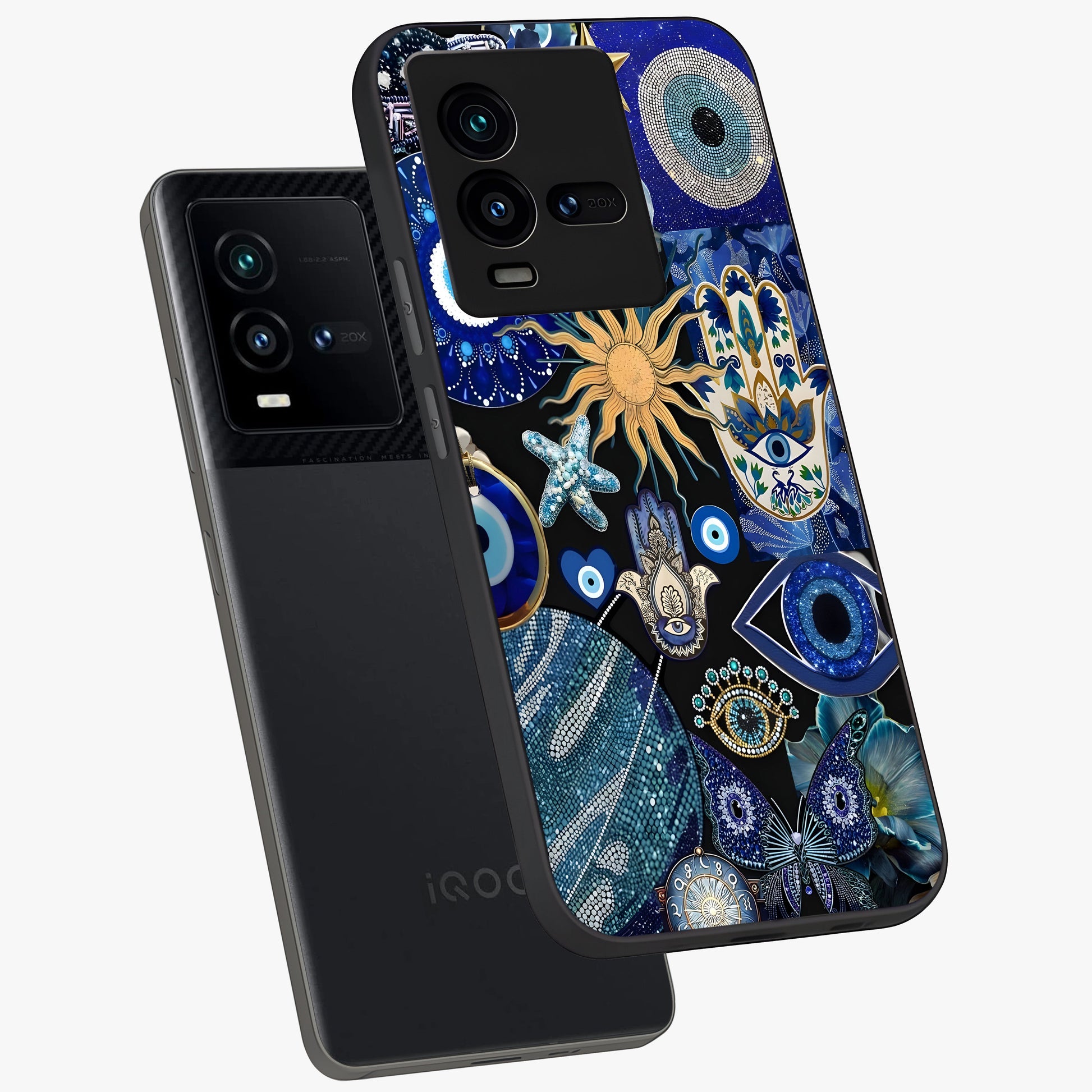 Evil Eye Charm Mix Glass Case displayed in angled mockup highlighting protective evil eye symbols with spiritual aesthetic design.