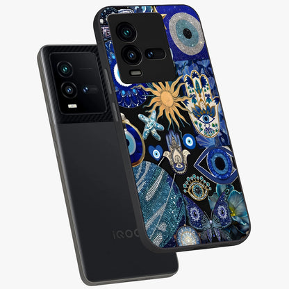 Evil Eye Charm Mix Glass Case displayed in angled mockup highlighting protective evil eye symbols with spiritual aesthetic design.
