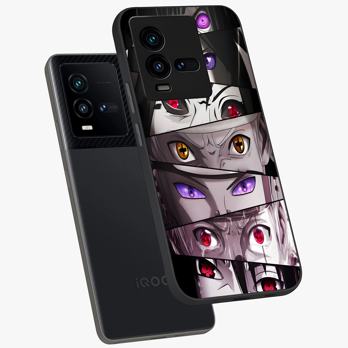Eyes of Destiny Glass Case displayed in angled mockup highlighting bold eye illustration with mystical aesthetic style.