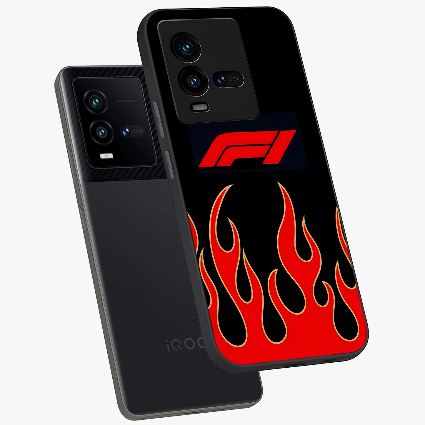 Fire F11 Glass Case displayed in angled mockup highlighting bold fire inspired graphic with energetic aesthetic style.
