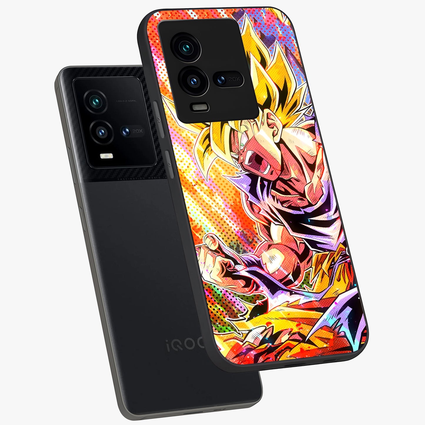 Firing Goku Glass Case displayed in angled mockup highlighting dynamic anime character design with action aesthetic.