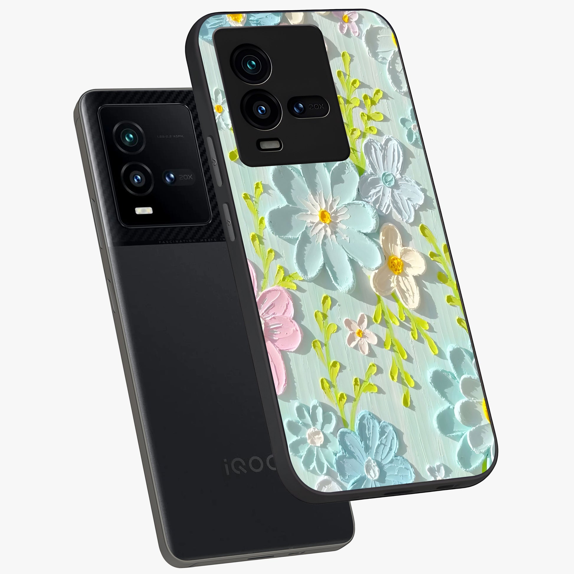 Frosted Petal Garden Glass Case displayed in angled mockup highlighting delicate flower petal design with calm garden aesthetic.
