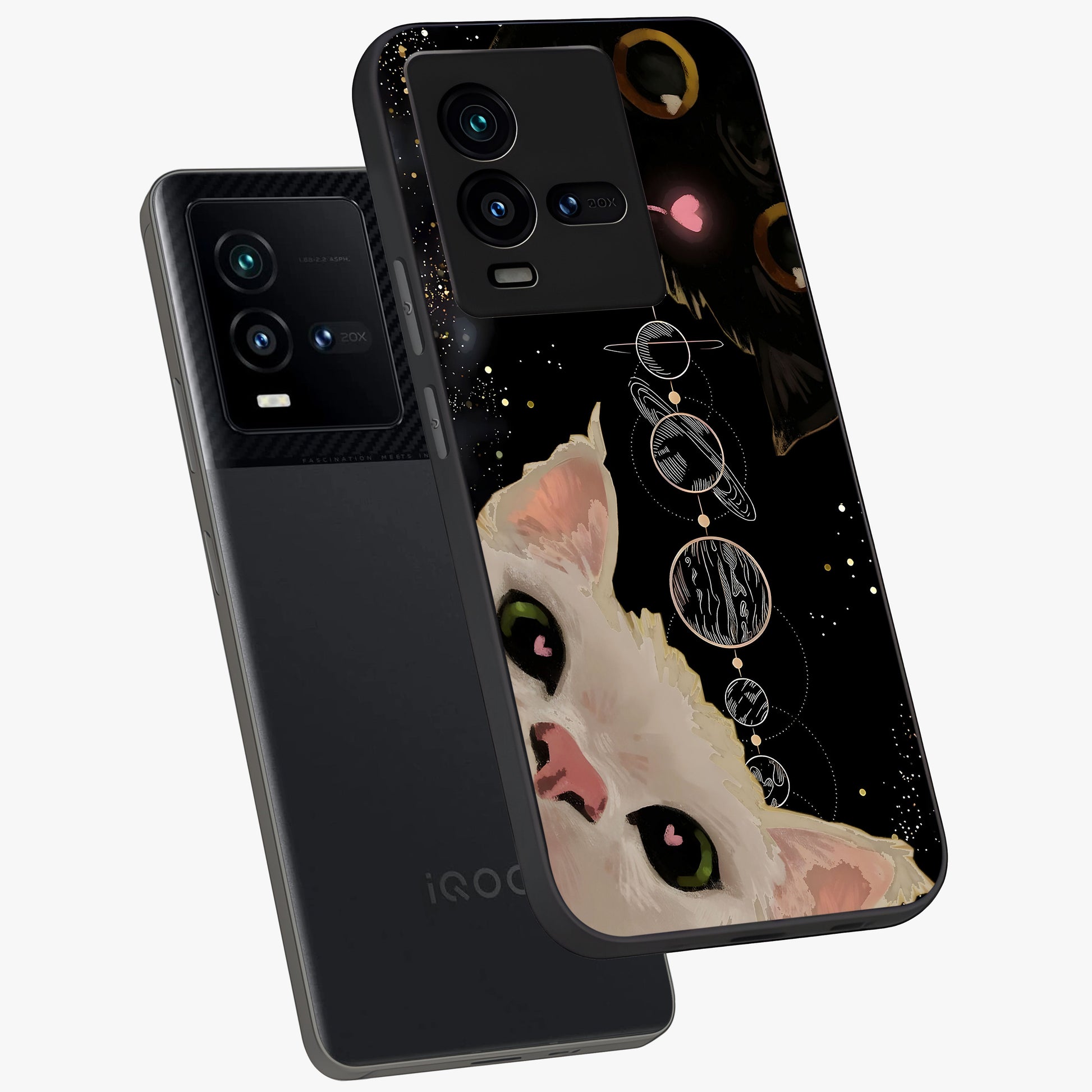 Galactic Cat Glass Case displayed in angled mockup highlighting celestial feline illustration with galaxy aesthetic style.